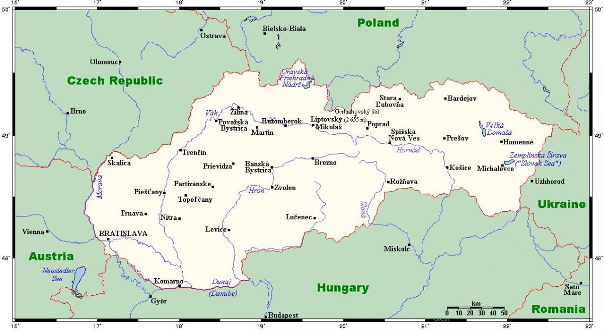 mapa Eslovakia dituzten hiriak